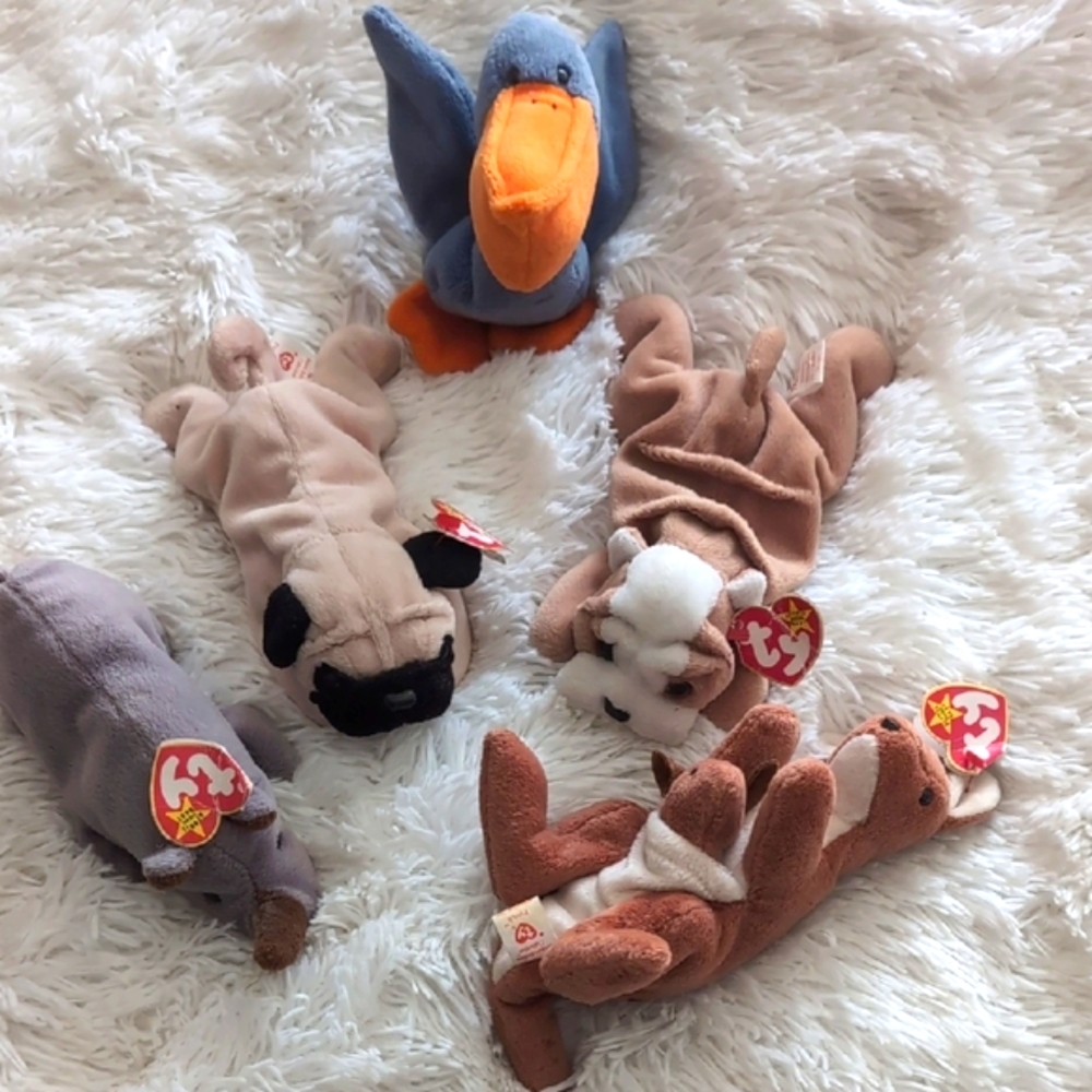 Vintage 1996 TY Beanie Baby Lot/5 Pouch, Pugsly, Wrinkles, Spike, Scoop